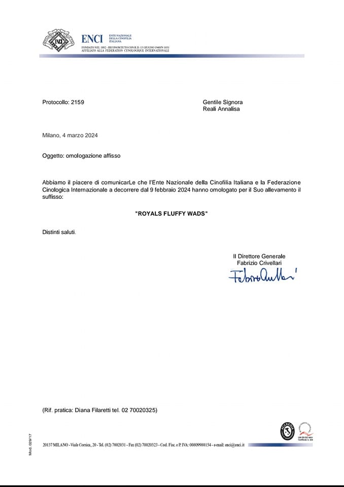 Documento Ente Nazionale Cinifila Italiana e Federazione Cinofila Italiana per omologazione allevamento RFW